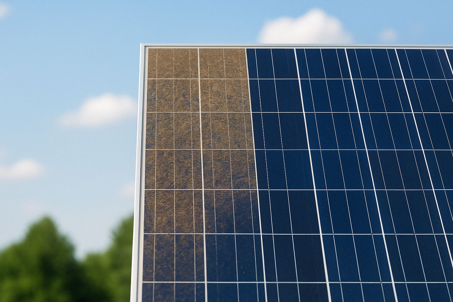 Vergleich einer verschmutzten und sauberen Photovoltaikanlage – Reinigung durch KGS PV-Montage GmbH